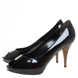 Pre Owned Fendi Black Patent Leather Peep Toe Pump Size 40