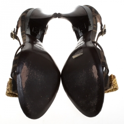 Pre Owned Fendi Tobacco Zucca Canvas And Python Leather Bow Slingback Sandals Size 39