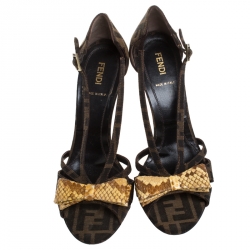 Pre Owned Fendi Tobacco Zucca Canvas And Python Leather Bow Slingback Sandals Size 39