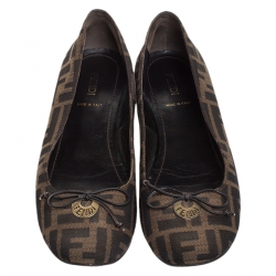 Pre Owned Fendi Tobacco Zucca Canvas Logo Bow Ballet Flats Size 38