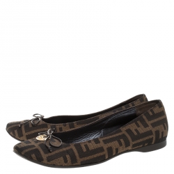 Pre Owned Fendi Tobacco Zucca Canvas Logo Bow Ballet Flats Size 38