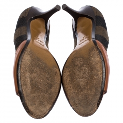 Pre Owned Fendi Brown Leather And Canvas Pequin Open Toe Pumps Size 36