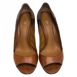 Pre Owned Fendi Brown Leather And Canvas Pequin Open Toe Pumps Size 36