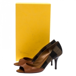 Pre Owned Fendi Brown Leather And Canvas Pequin Open Toe Pumps Size 36