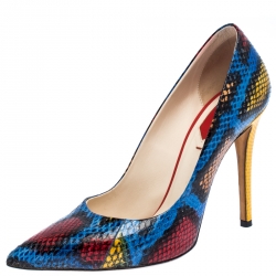 Pre Owned Fendi Multicolor Python Embossed Leather Pointed Toe Pumps Size 37.5