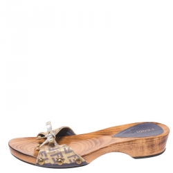 Pre Owned Fendi Multicolor Zucchino Canvas Bow Wooden Slides Size 38