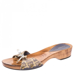 Pre Owned Fendi Multicolor Zucchino Canvas Bow Wooden Slides Size 38