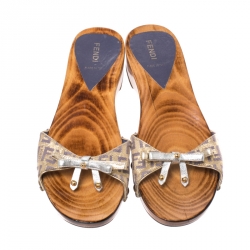 Pre Owned Fendi Multicolor Zucchino Canvas Bow Wooden Slides Size 38