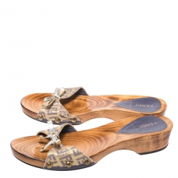 Pre Owned Fendi Multicolor Zucchino Canvas Bow Wooden Slides Size 38