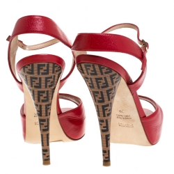 Pre Owned Fendi Red Leather Zucca Print Heel Peep Toe Ankle Strap Sandals Size 39