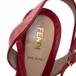 Pre Owned Fendi Red Leather Zucca Print Heel Peep Toe Ankle Strap Sandals Size 39
