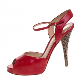 Pre Owned Fendi Red Leather Zucca Print Heel Peep Toe Ankle Strap Sandals Size 39
