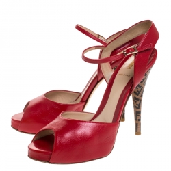 Pre Owned Fendi Red Leather Zucca Print Heel Peep Toe Ankle Strap Sandals Size 39