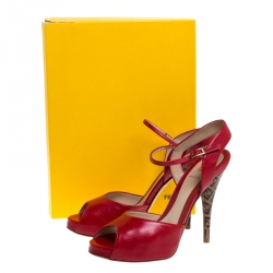 Pre Owned Fendi Red Leather Zucca Print Heel Peep Toe Ankle Strap Sandals Size 39