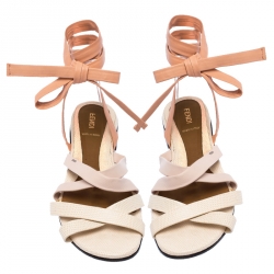 Fendi Multicolor Leather Ankle Wrap Flat Sandals Size 38.5
