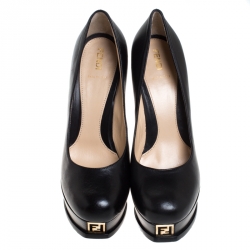 Pre Owned Fendi Black Leather Round-Toe Logo Fendista Platform Pumps Size 39