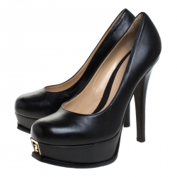 Pre Owned Fendi Black Leather Round-Toe Logo Fendista Platform Pumps Size 39