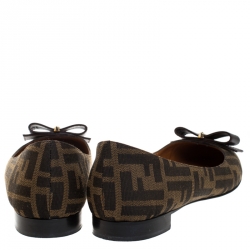 Pre Owned Fendi Brown Zucca Canvas And Leather Bow Ballet Flats Size 40