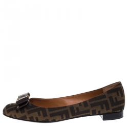 Pre Owned Fendi Brown Zucca Canvas And Leather Bow Ballet Flats Size 40