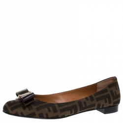 Pre Owned Fendi Brown Zucca Canvas And Leather Bow Ballet Flats Size 40