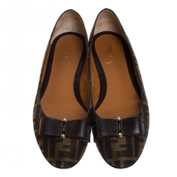 Pre Owned Fendi Brown Zucca Canvas And Leather Bow Ballet Flats Size 40