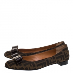 Pre Owned Fendi Brown Zucca Canvas And Leather Bow Ballet Flats Size 40