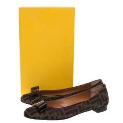 Pre Owned Fendi Brown Zucca Canvas And Leather Bow Ballet Flats Size 40