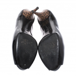 Pre Owned Fendi Black Patent Leather Zucca Print Heel Peep Toe Platform Pumps Size 39.5