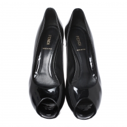 Pre Owned Fendi Black Patent Leather Zucca Print Heel Peep Toe Platform Pumps Size 39.5