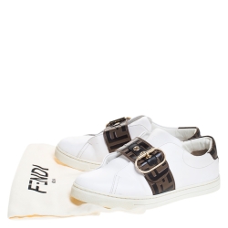 Pre Owned Fendi White Leather FF Logo Buckle Strap Sneakers Size 38.5