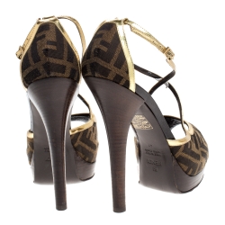 Pre Owned Fendi Zucca Canvas And Gold Leather Trim Cross Strap Platform Sandals Size 41