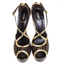 Pre Owned Fendi Zucca Canvas And Gold Leather Trim Cross Strap Platform Sandals Size 41