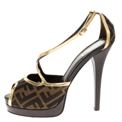 Pre Owned Fendi Zucca Canvas And Gold Leather Trim Cross Strap Platform Sandals Size 41