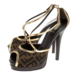 Pre Owned Fendi Zucca Canvas And Gold Leather Trim Cross Strap Platform Sandals Size 41
