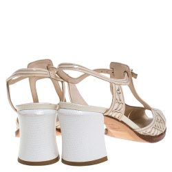 Fendi Beige Engraved Patent Leather And White Lizard Block Heel Peep Toe Sandals Size 37