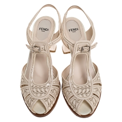 Fendi Beige Engraved Patent Leather And White Lizard Block Heel Peep Toe Sandals Size 37