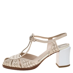 Fendi Beige Engraved Patent Leather And White Lizard Block Heel Peep Toe Sandals Size 37