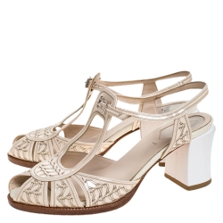 Fendi Beige Engraved Patent Leather And White Lizard Block Heel Peep Toe Sandals Size 37