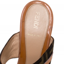 Fendi Tobacco Canvas And Leather Trim Logo Wooden Platform Slides Size 38