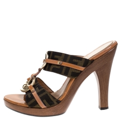 Fendi Tobacco Canvas And Leather Trim Logo Wooden Platform Slides Size 38