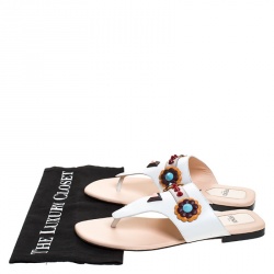 Pre Owned Fendi White Leather Flowerland Thong Flats Size 37