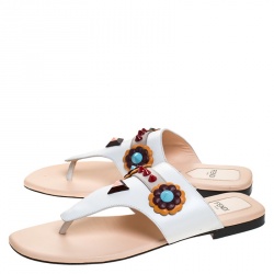 Pre Owned Fendi White Leather Flowerland Thong Flats Size 37