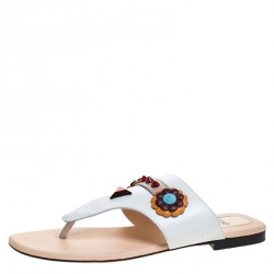 Pre Owned Fendi White Leather Flowerland Thong Flats Size 37