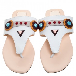 Pre Owned Fendi White Leather Flowerland Thong Flats Size 37