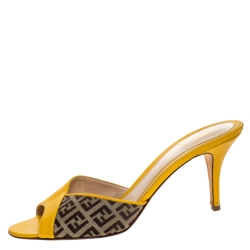 Fendi Mustard Zucca Canvas and Leather Slide Sandals Size 40