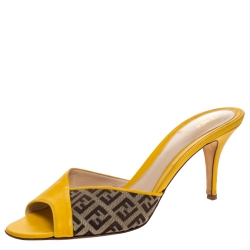 Fendi Mustard Zucca Canvas and Leather Slide Sandals Size 40