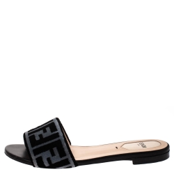 Pre Owned Fendi Black/Grey Zucca Velvet Slide Flats Size 36
