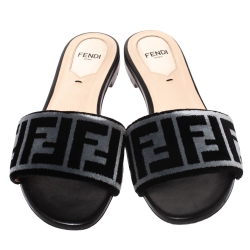 Pre Owned Fendi Black/Grey Zucca Velvet Slide Flats Size 36