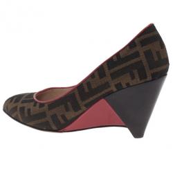 Pre Owned Fendi Zucca Canvas Wedge Pumps Size 36