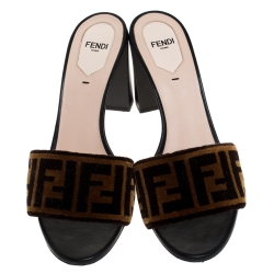 Fendi Brown/Black Zucca Velvet And Leather Slip On Slides Size 39